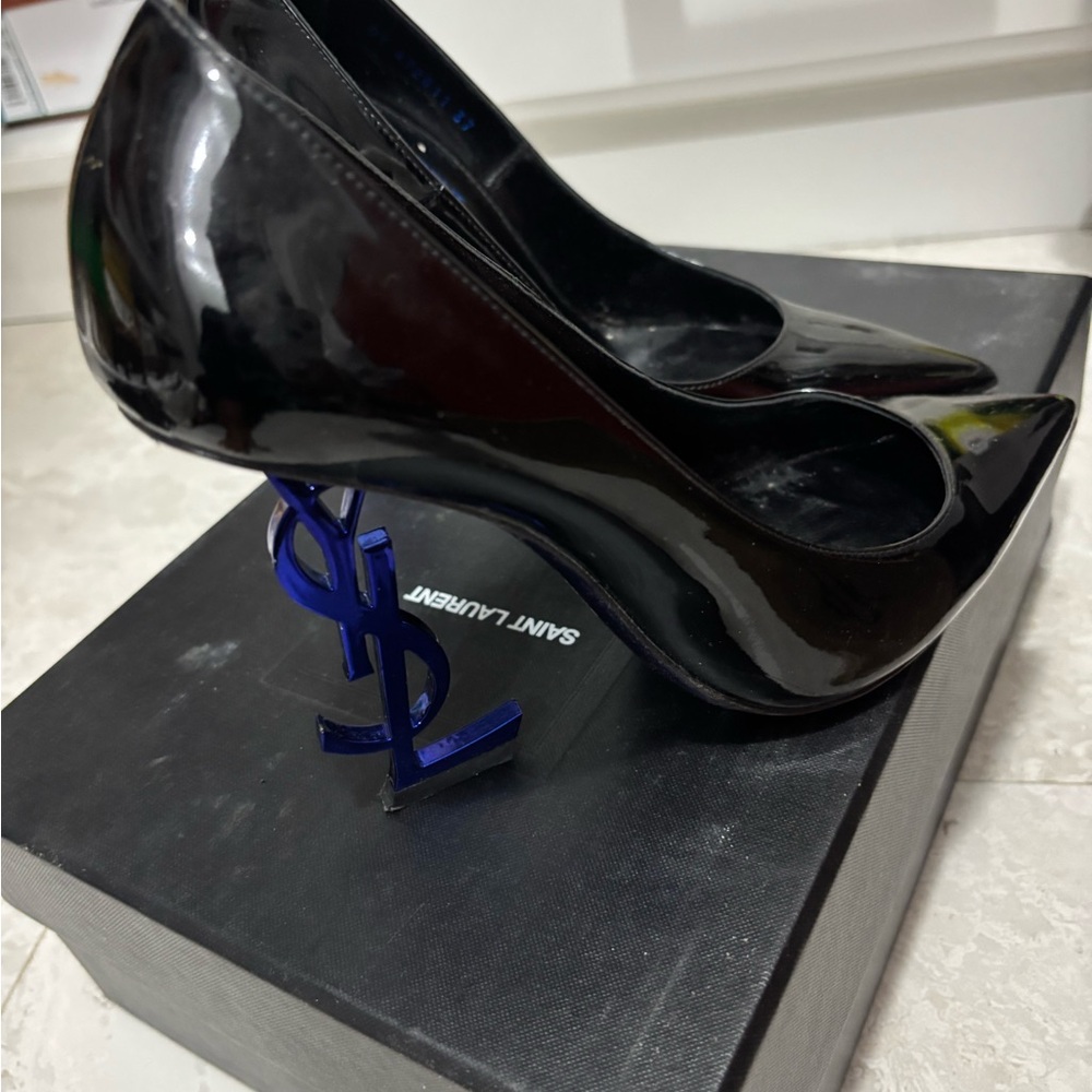 Saint Laurent Black Patent Leather Pumps with Blue YSL Logo Heel - Picture 6 of 8